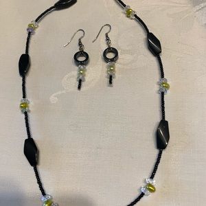 Black and chartreuse necklace and earring set